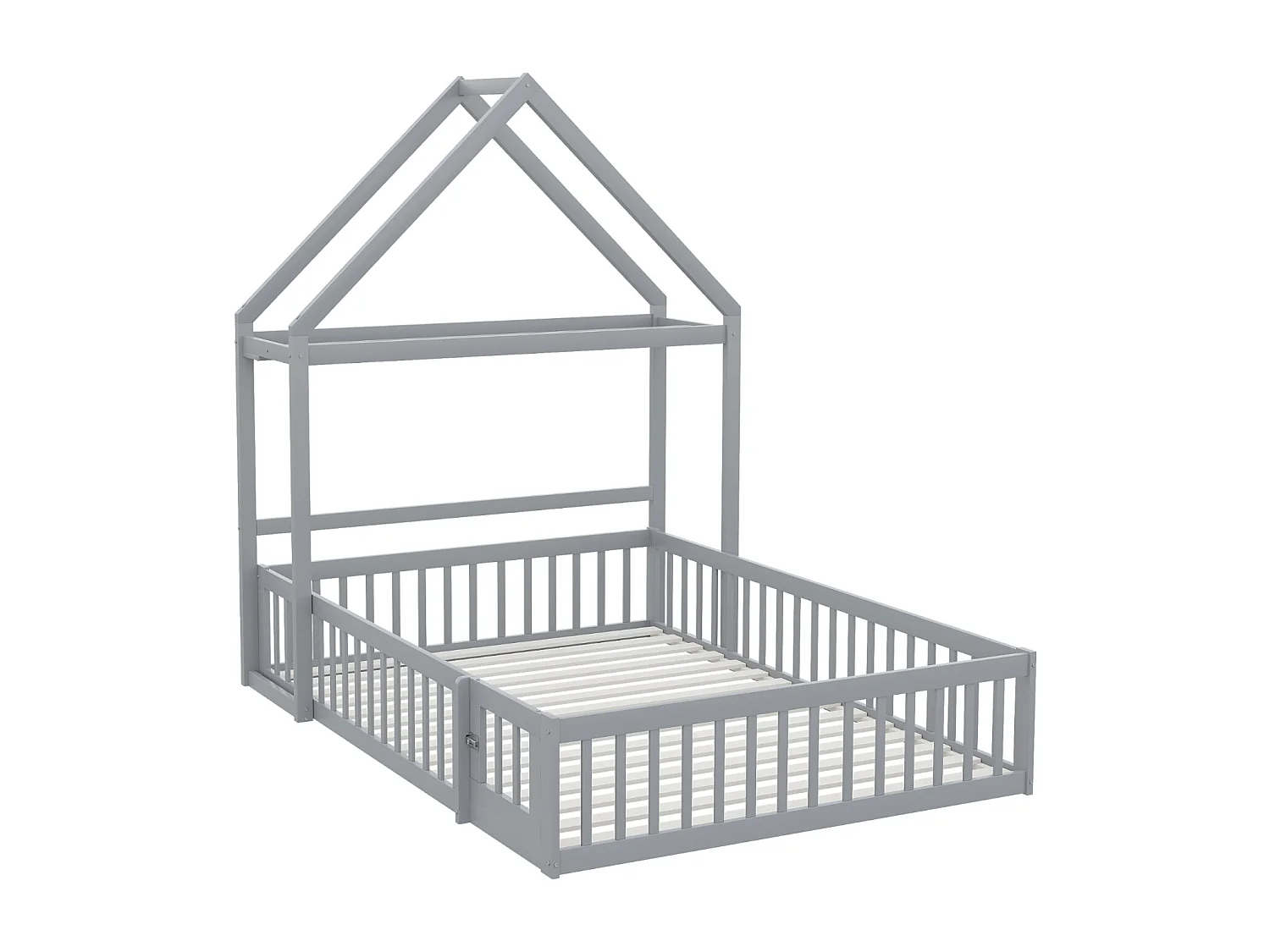 Cama infantil 140x200 cm en madera maciza gris, con almacenamiento, barandillas de seguridad, puertas y somier de láminas – segura, robusta y práctica