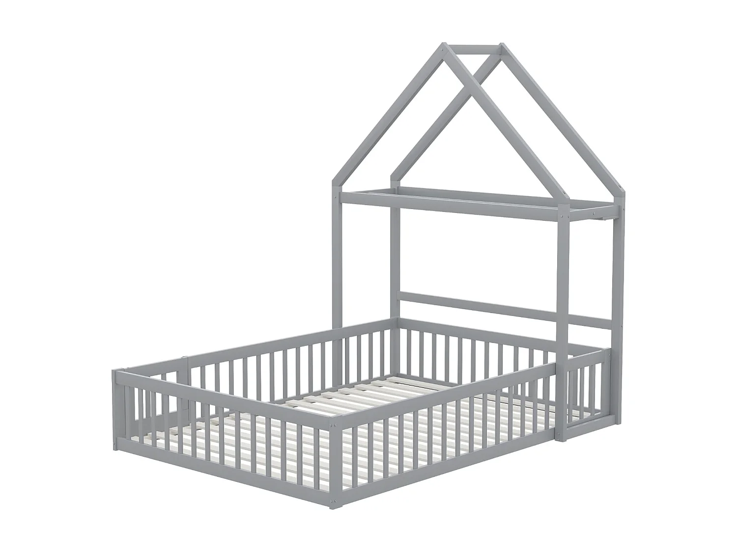 Lit enfant 140x200cm en bois massif gris avec rangement, barrières complètes, portes et sommier– Lit sûr, solide et pratique pour enfant
