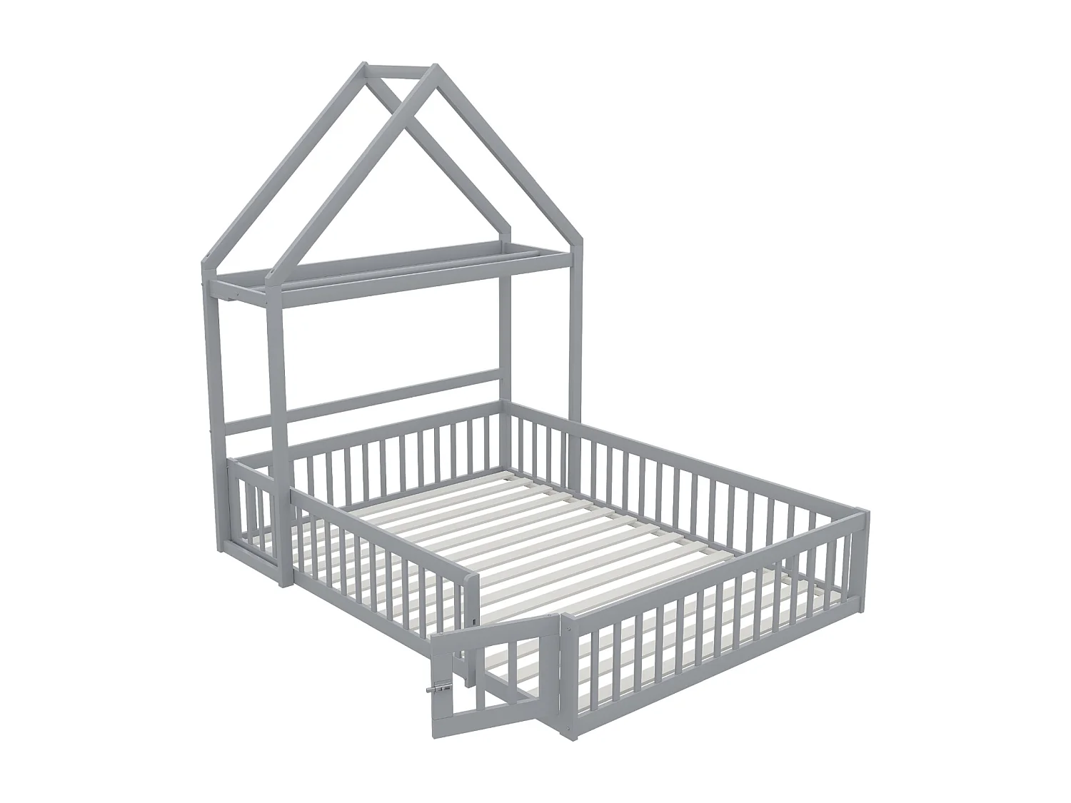 Lit enfant 140x200cm en bois massif gris avec rangement, barrières complètes, portes et sommier– Lit sûr, solide et pratique pour enfant