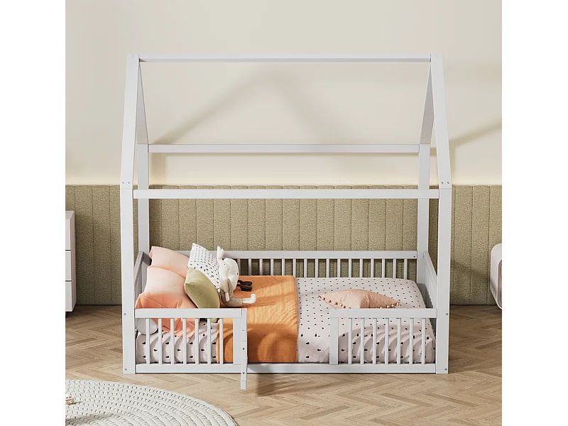 Lit double 140x200 cm en bois massif blanc, lit maison avec porte décorative – Design ludique et pratique pour chambre d’enfant