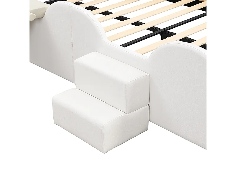 Lit enfant 140x200 cm style cartoon papillon avec LED multicolore, toboggan et échelle, en PU, forme ludique, rose et blanc