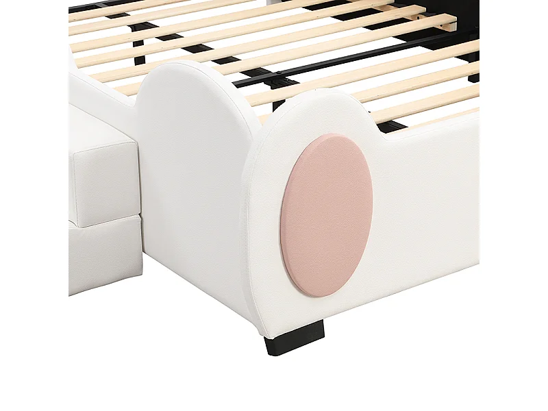 Lit enfant 140x200 cm style cartoon papillon avec LED multicolore, toboggan et échelle, en PU, forme ludique, rose et blanc