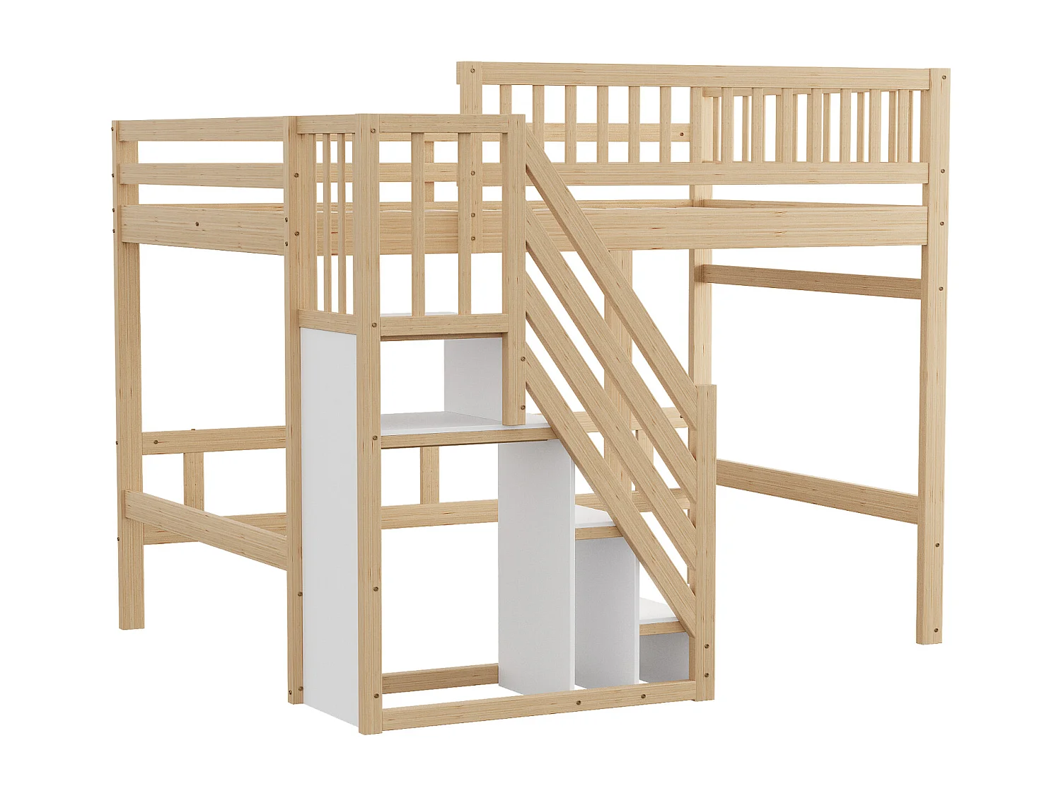 Lit enfant 140x200cm en bois massif avec escalier et rangement, barrières hautes – Lit solide, sûr et pratique, cadre en bois nat
