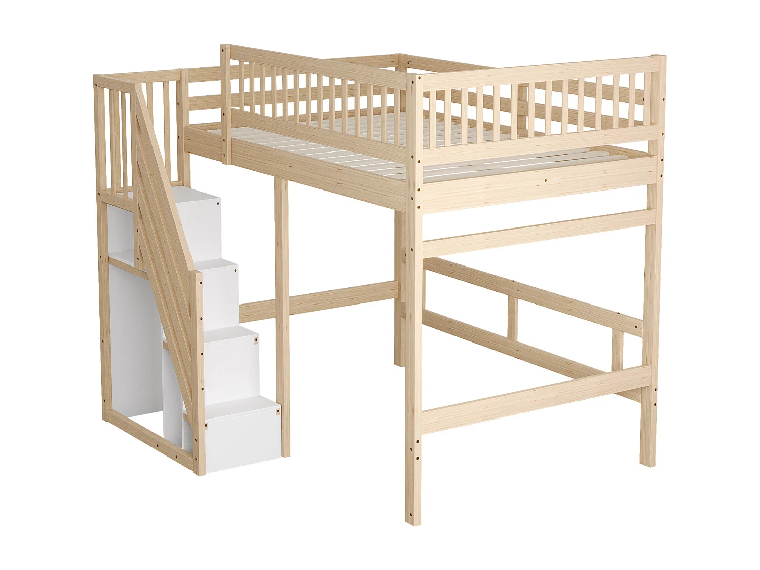 Lit enfant 140x200cm en bois massif avec escalier et rangement, barrières hautes – Lit solide, sûr et pratique, cadre en bois nat