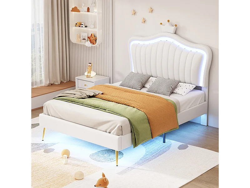 Lit 90x200 cm en PU blanc avec cadre couronne, LED, sommier à lattes et dossier – Lit enfant pratique et décoratif, matelas non inclus