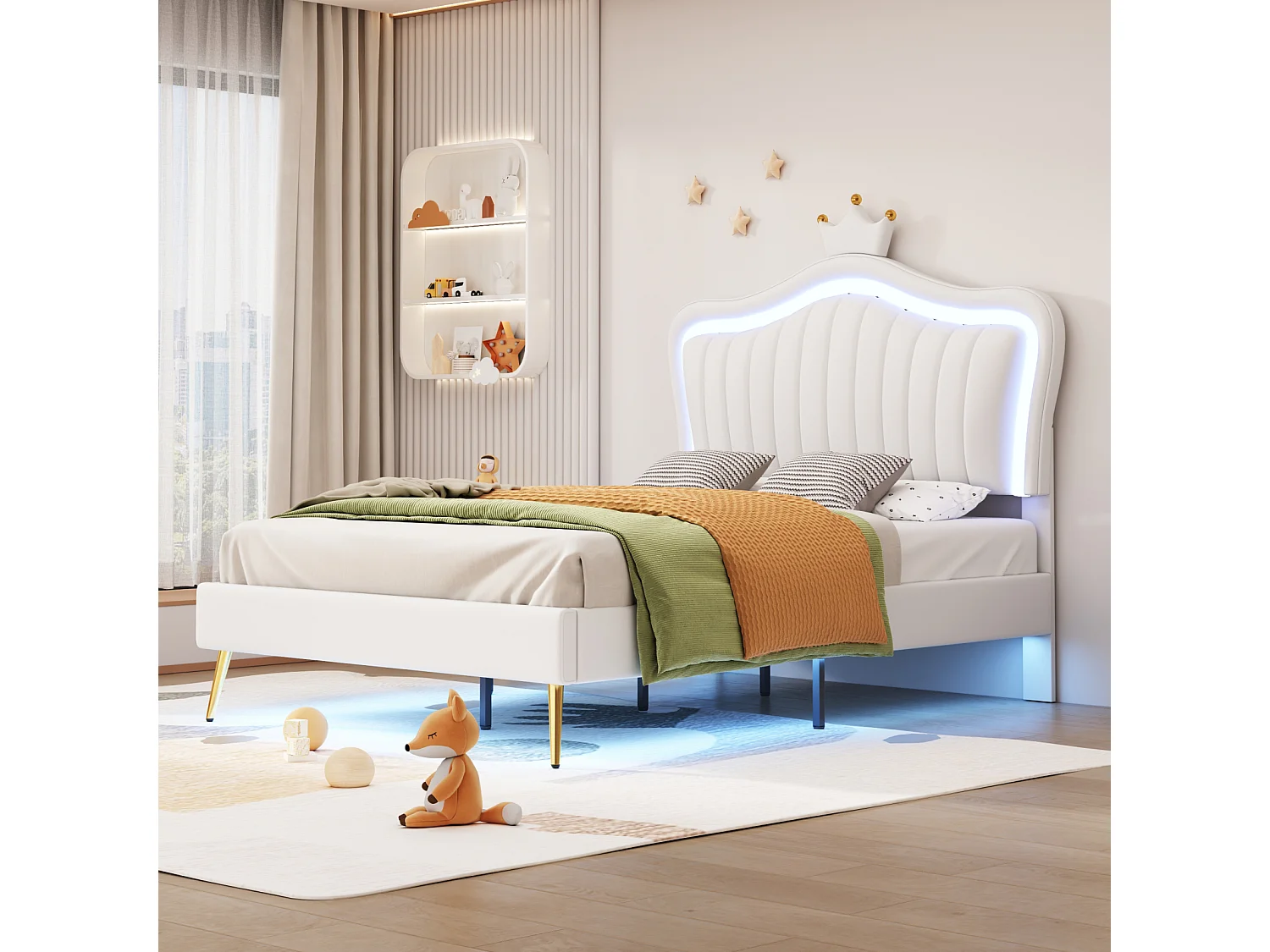 Lit 90x200 cm en PU blanc avec cadre couronne, LED, sommier à lattes et dossier – Lit enfant pratique et décoratif, matelas non inclus