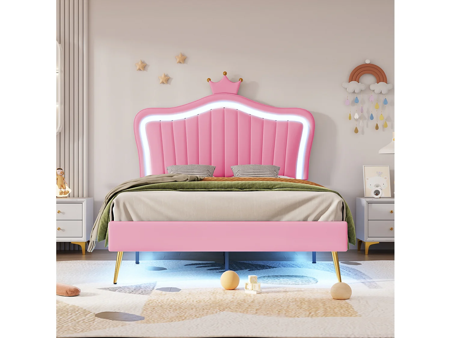 Cama infantil 90x200 cm en PU rosa, con cabecero corona LED y somier de láminas – elegante y luminosa, colchón no incluido