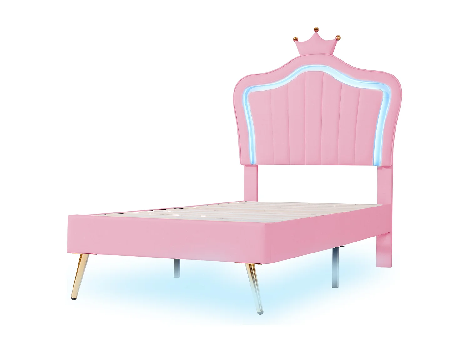 Cama infantil 90x200 cm en PU rosa, con cabecero corona LED y somier de láminas – elegante y luminosa, colchón no incluido