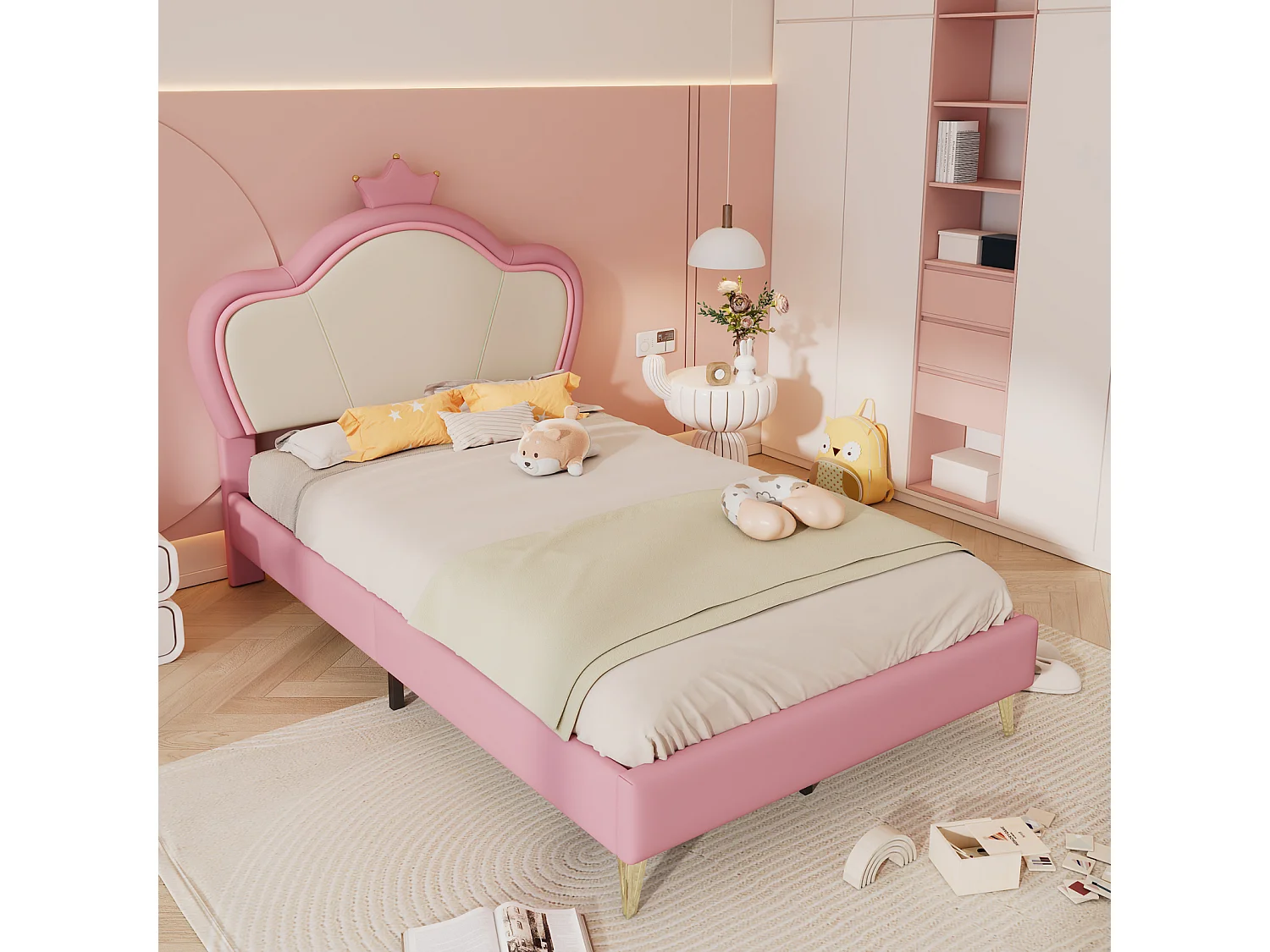Lit enfant 90x200cm en PU rose et blanc avec bords protecteurs doux, tête de lit avec couronne, pieds en métal, Lit simple confortable