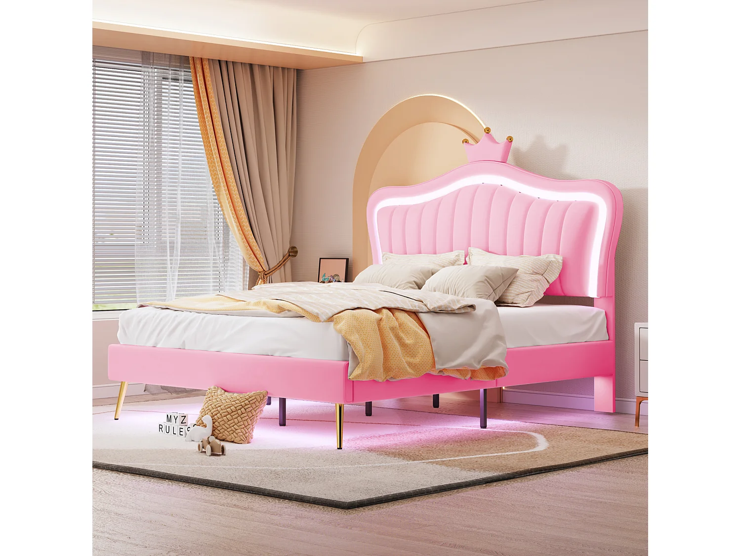 Lit princesse pour fille 140x200 cm en PU rose, tête de lit couronne avec LED, sommier inclus et dossier rembourré – Sans matelas
