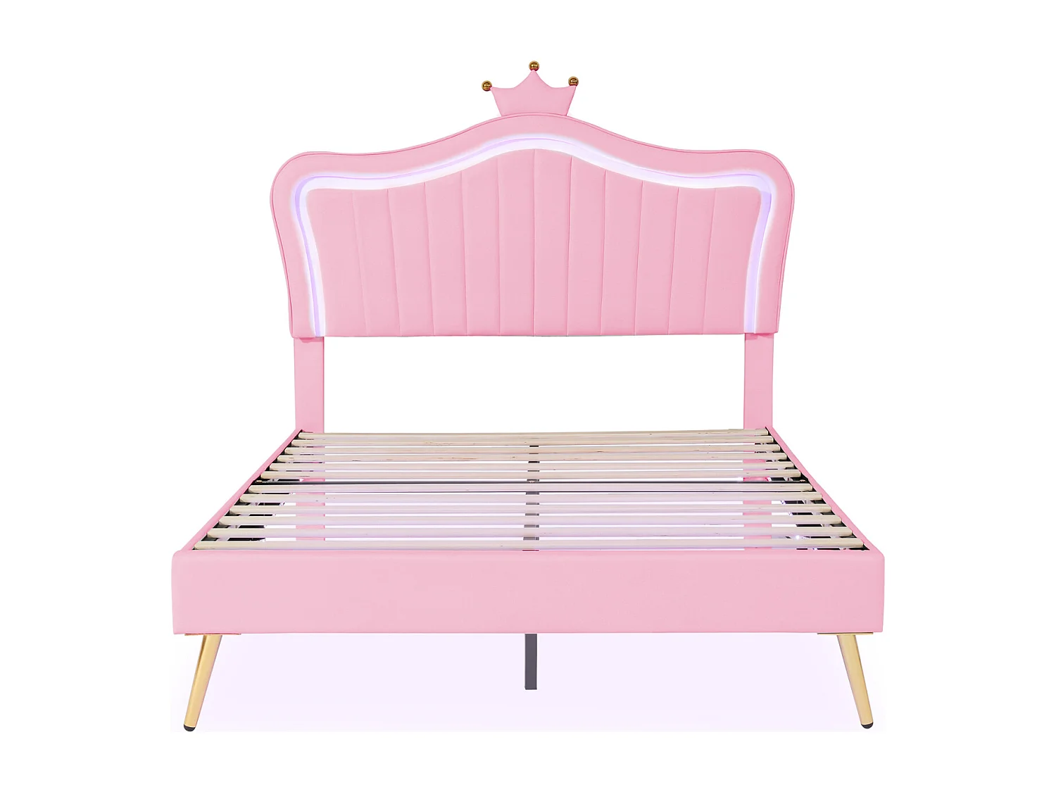 Lit princesse pour fille 140x200 cm en PU rose, tête de lit couronne avec LED, sommier inclus et dossier rembourré – Sans matelas