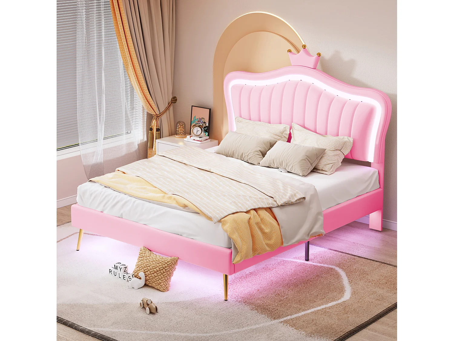 Lit princesse pour fille 140x200 cm en PU rose, tête de lit couronne avec LED, sommier inclus et dossier rembourré – Sans matelas