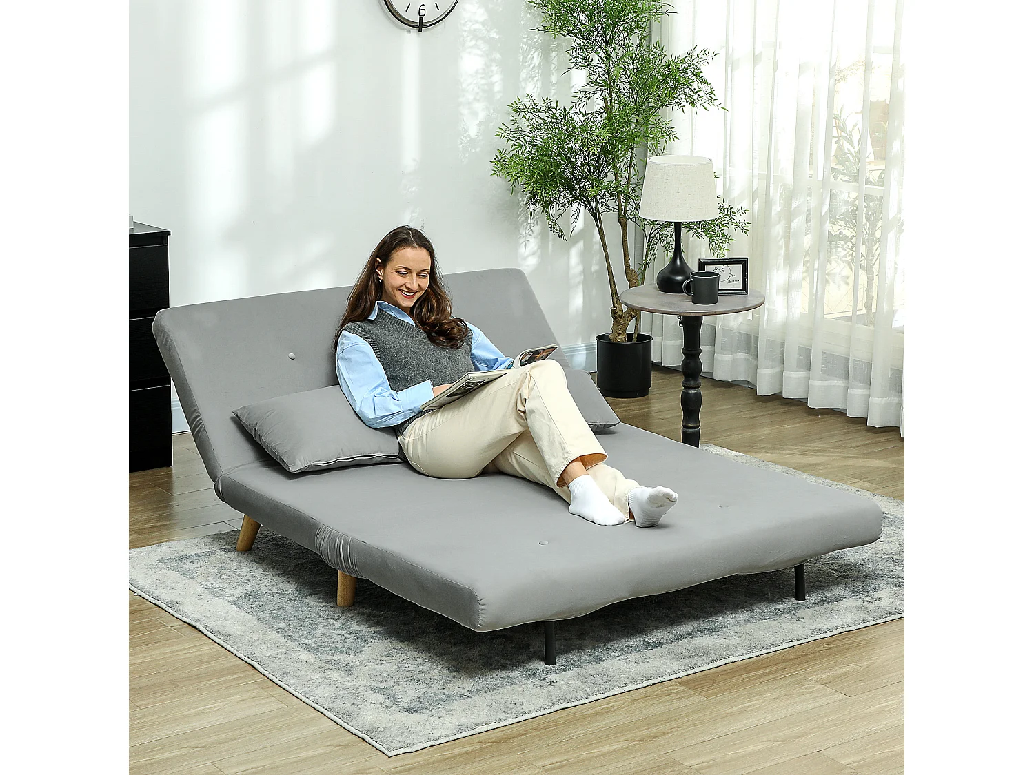 Fauteuil-lit pliant en velours gris, avec coussin lombaire et dossier réglable, convertible et résistant jusqu’à 250 kg