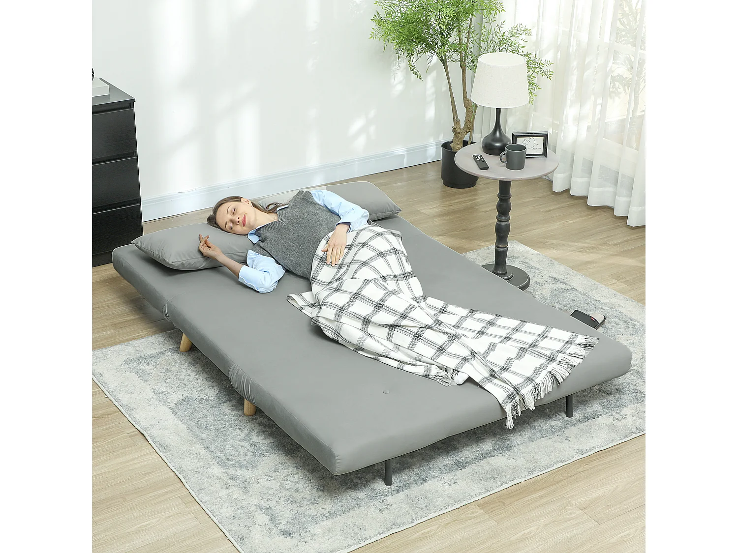 Fauteuil-lit pliant en velours gris, avec coussin lombaire et dossier réglable, convertible et résistant jusqu’à 250 kg