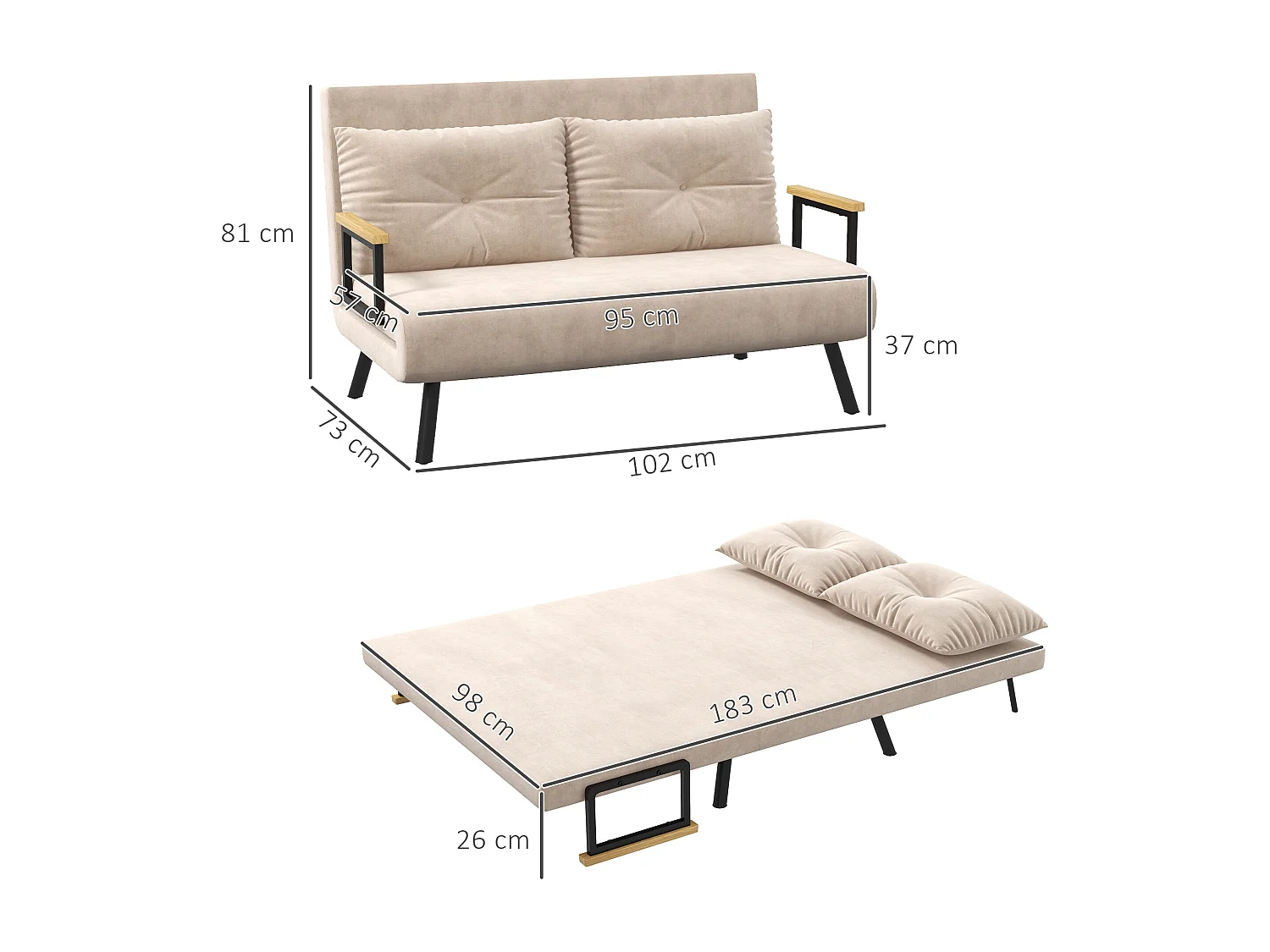 Canapé-lit beige 102 x 73 x 81 cm, fauteuil convertible avec coussin de dossier et dossier réglable, design confortable