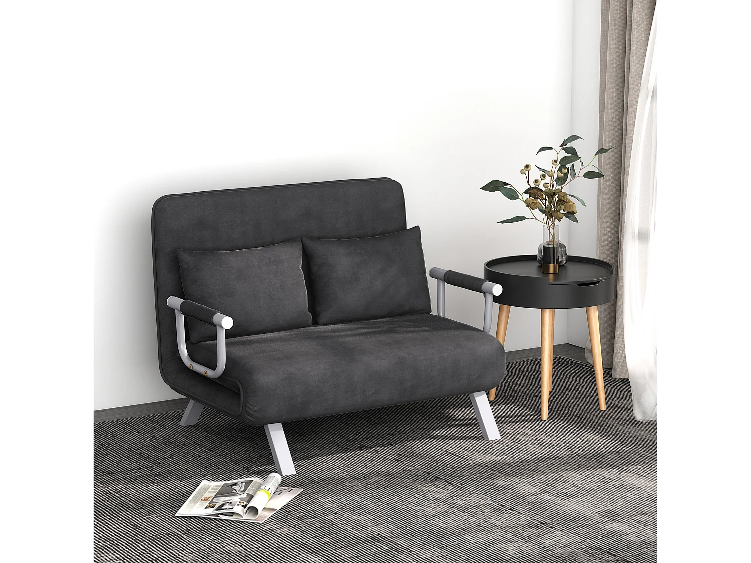 Sofá cama 3 en 1 de 2 plazas en ante gris, con reposabrazos, convertible en cama de invitados y sillón plegable