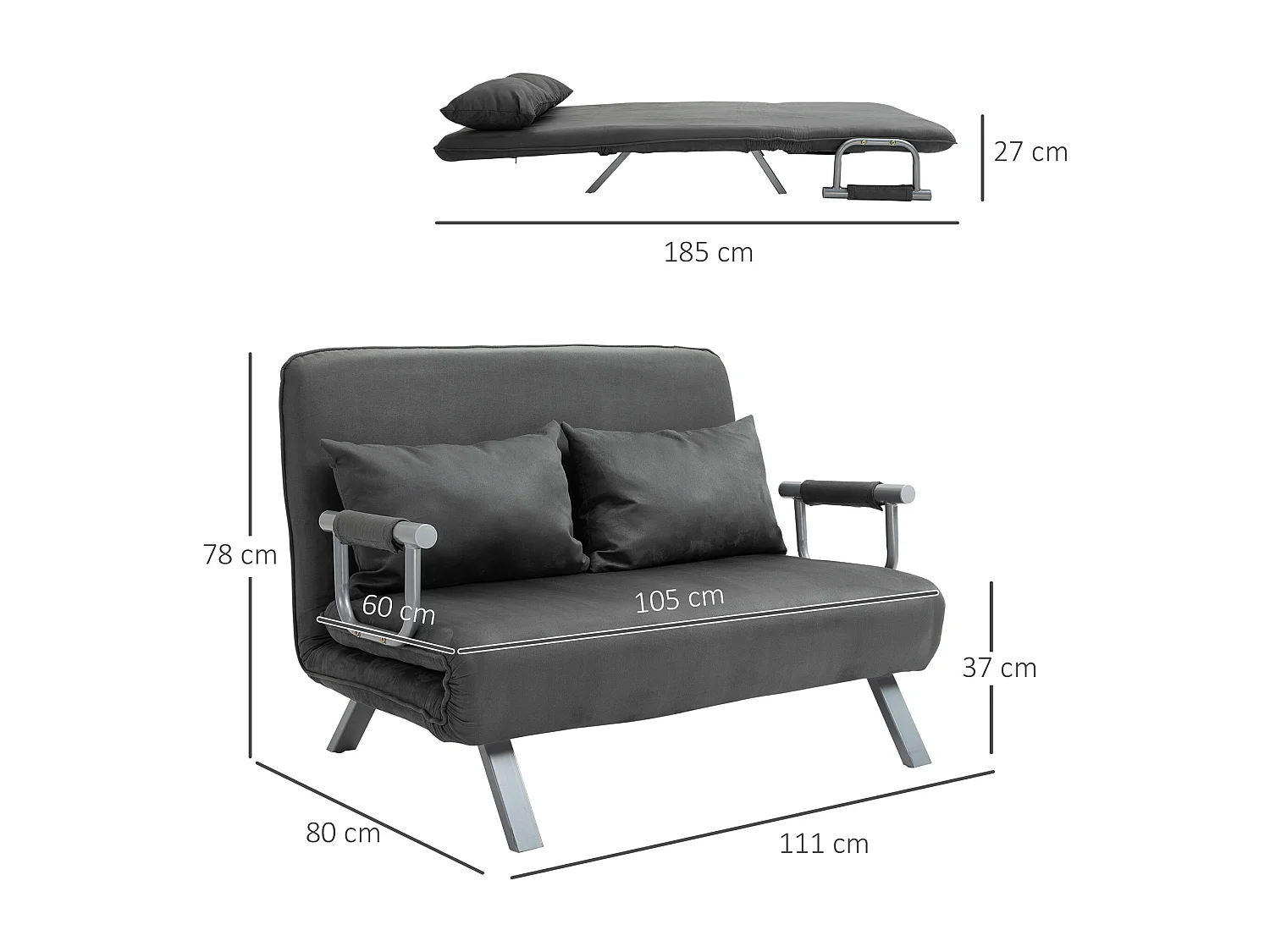 Sofá cama 3 en 1 de 2 plazas en ante gris, con reposabrazos, convertible en cama de invitados y sillón plegable