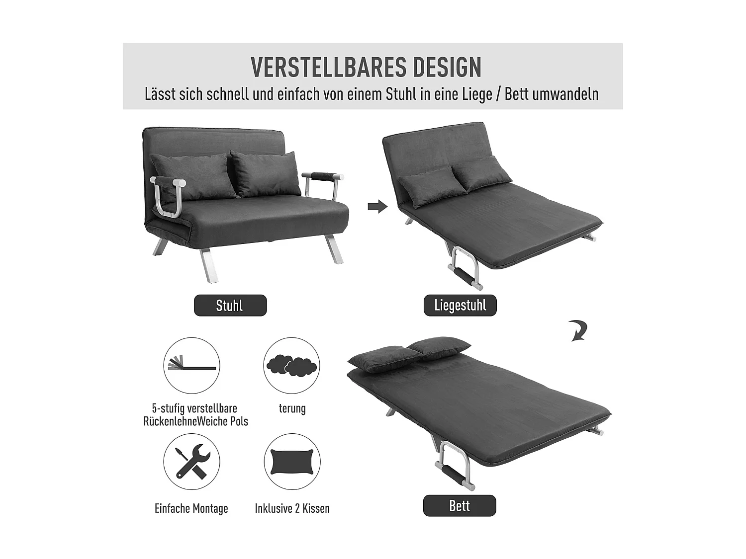Sofá cama 3 en 1 de 2 plazas en ante gris, con reposabrazos, convertible en cama de invitados y sillón plegable