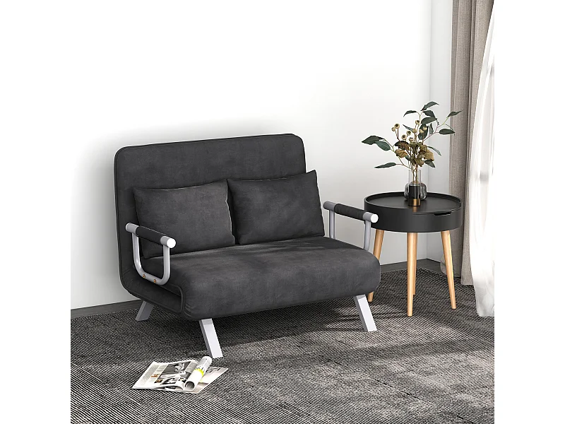 Canapé-lit 2 places 3 en 1 en suédine grise, avec accoudoirs, convertible en lit d’appoint et fauteuil pliant