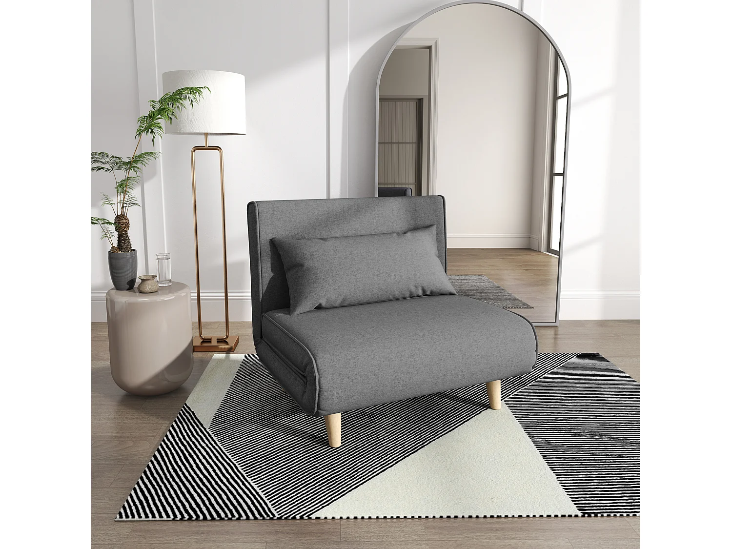 Sofá-cama individual pequeno, dobrável, cinza, com encosto ajustável, design escandinavo, dimensões 95 x 95 x 80 cm