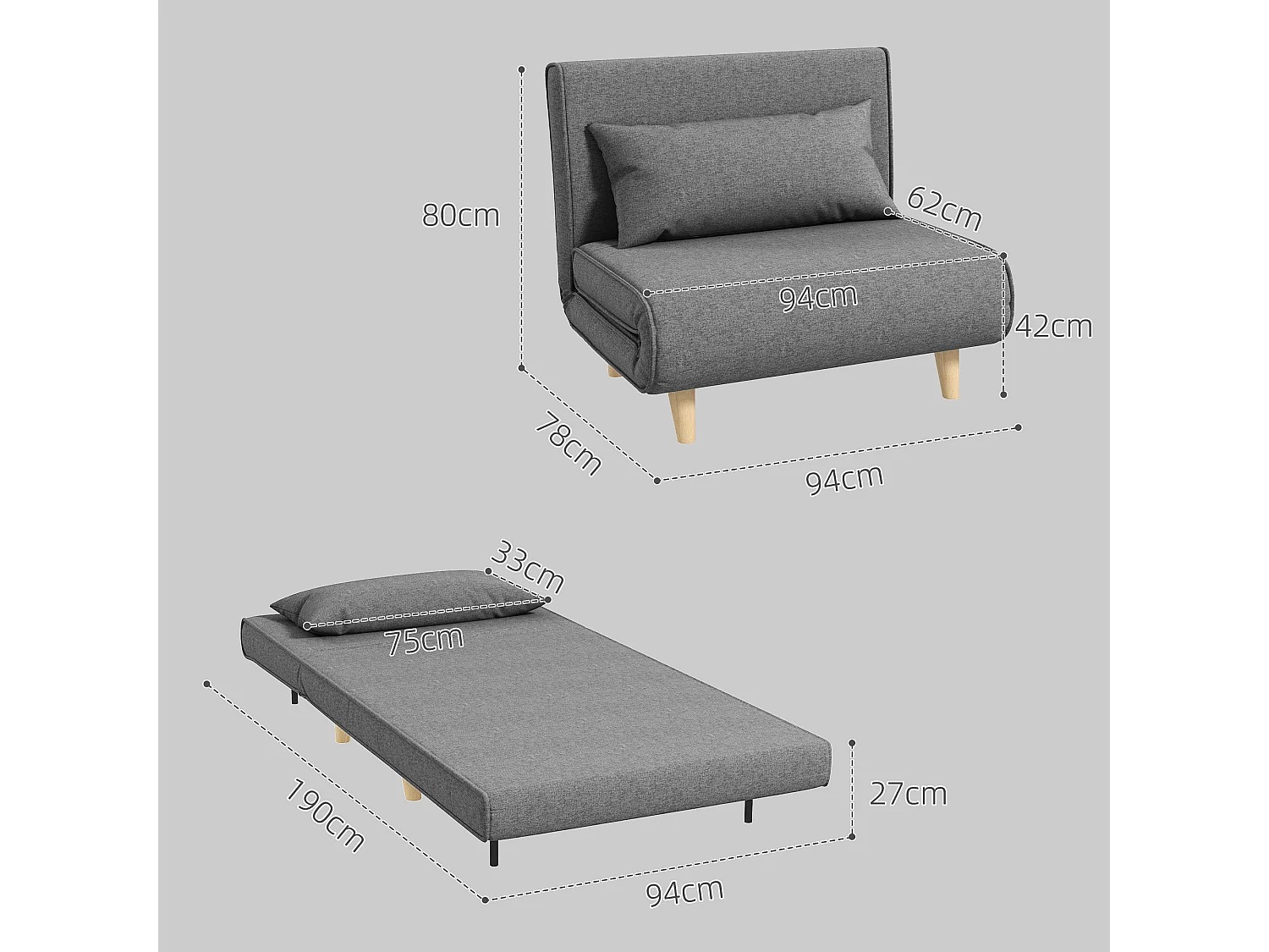 Sofá-cama individual pequeno, dobrável, cinza, com encosto ajustável, design escandinavo, dimensões 95 x 95 x 80 cm