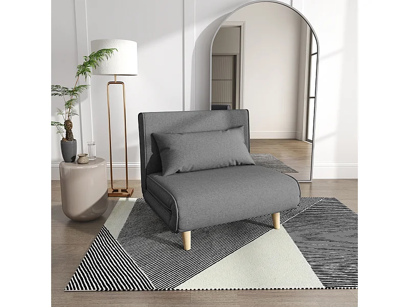 Canapé-lit 1 place gris, petit et pliable avec dossier réglable, design scandinave, dimensions 95 x 95 x 80 cm