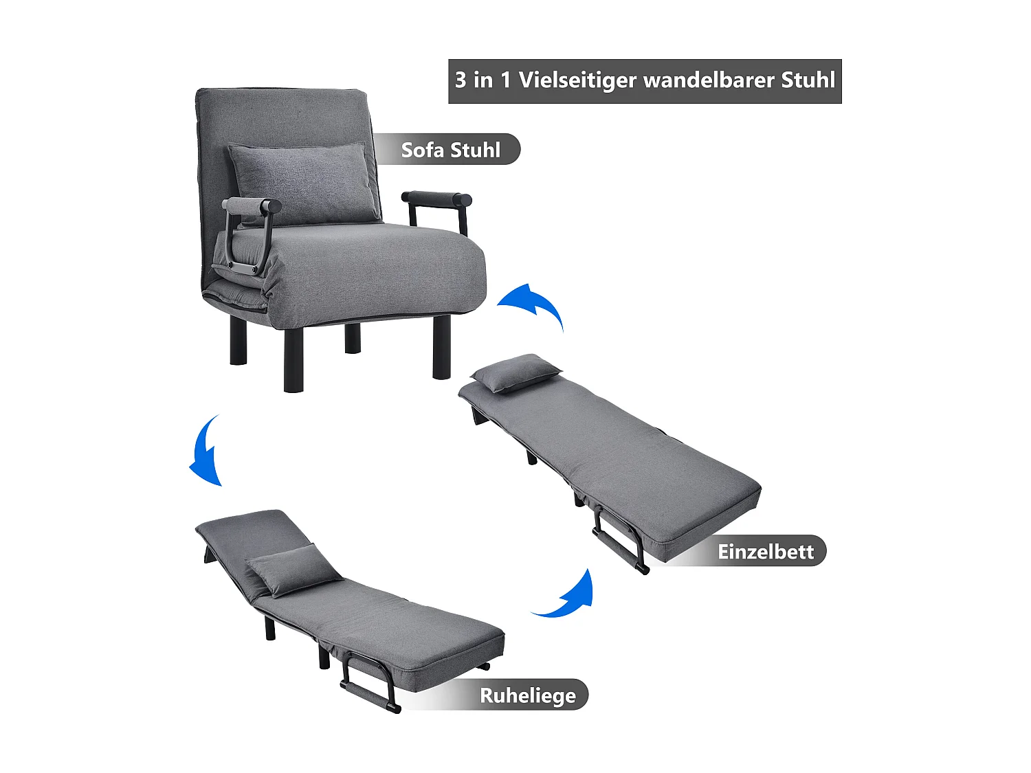 Fauteuil-lit convertible avec dossier réglable 6 positions, coussin inclus et assise rembourrée, idéal pour maison ou bureau