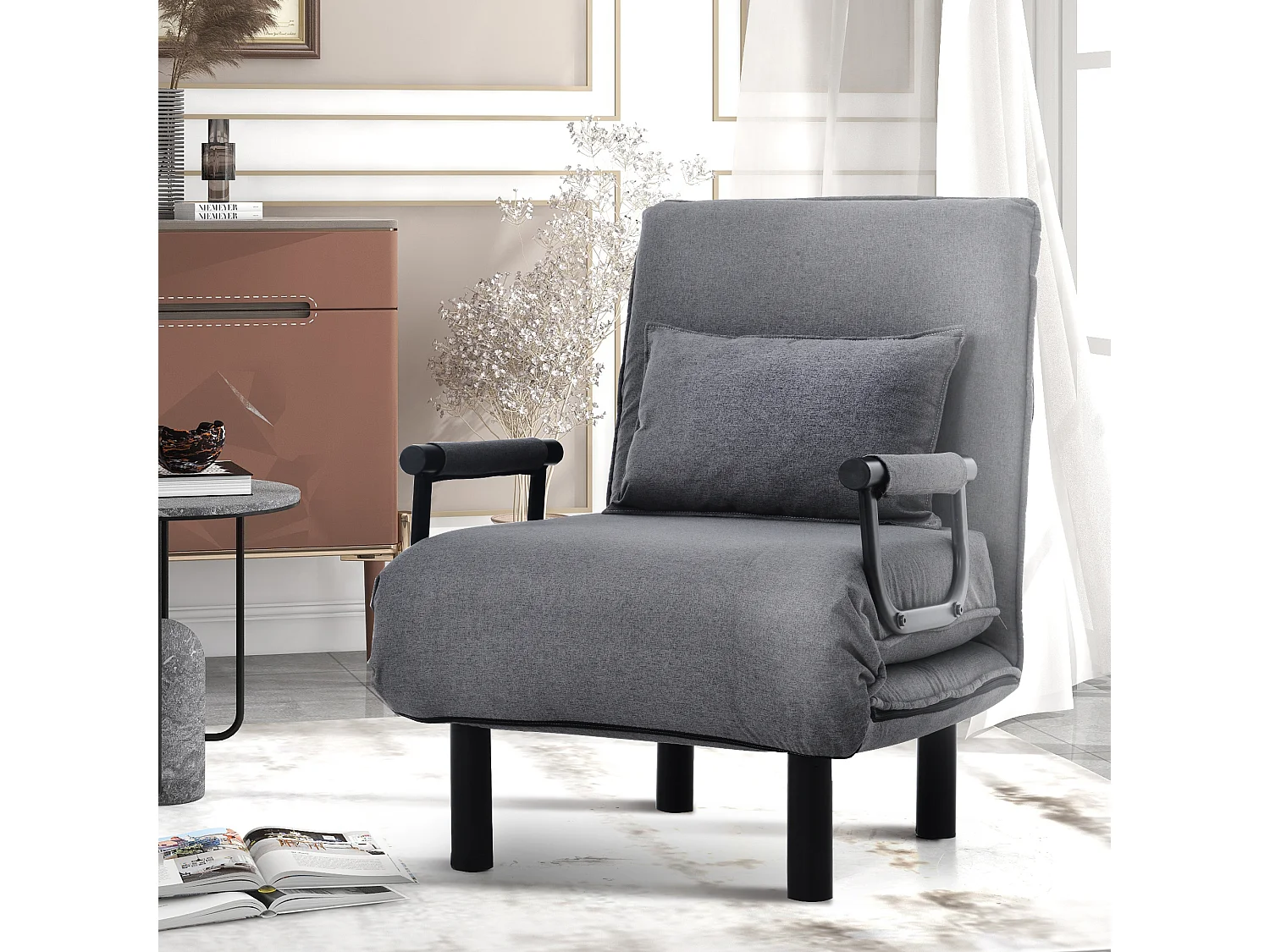 Fauteuil-lit convertible avec dossier réglable 6 positions, coussin inclus et assise rembourrée, idéal pour maison ou bureau