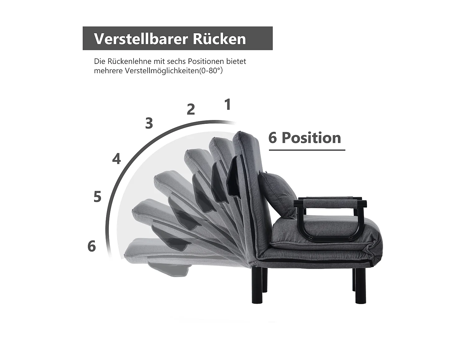 Fauteuil-lit convertible avec dossier réglable 6 positions, coussin inclus et assise rembourrée, idéal pour maison ou bureau
