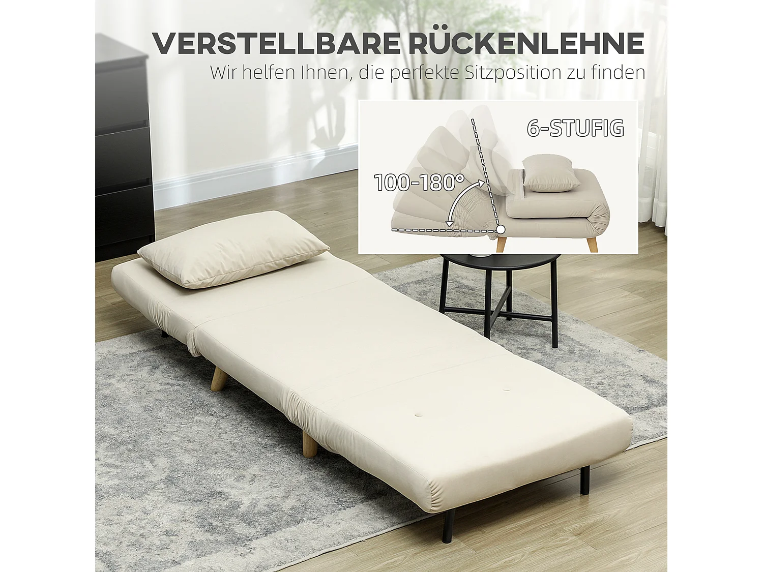 Opklapbare fluwelen fauteuil met decoratief kussen en verstelbare rugleuning – Praktische relaxstoel voor in de woonkamer, beige kleur