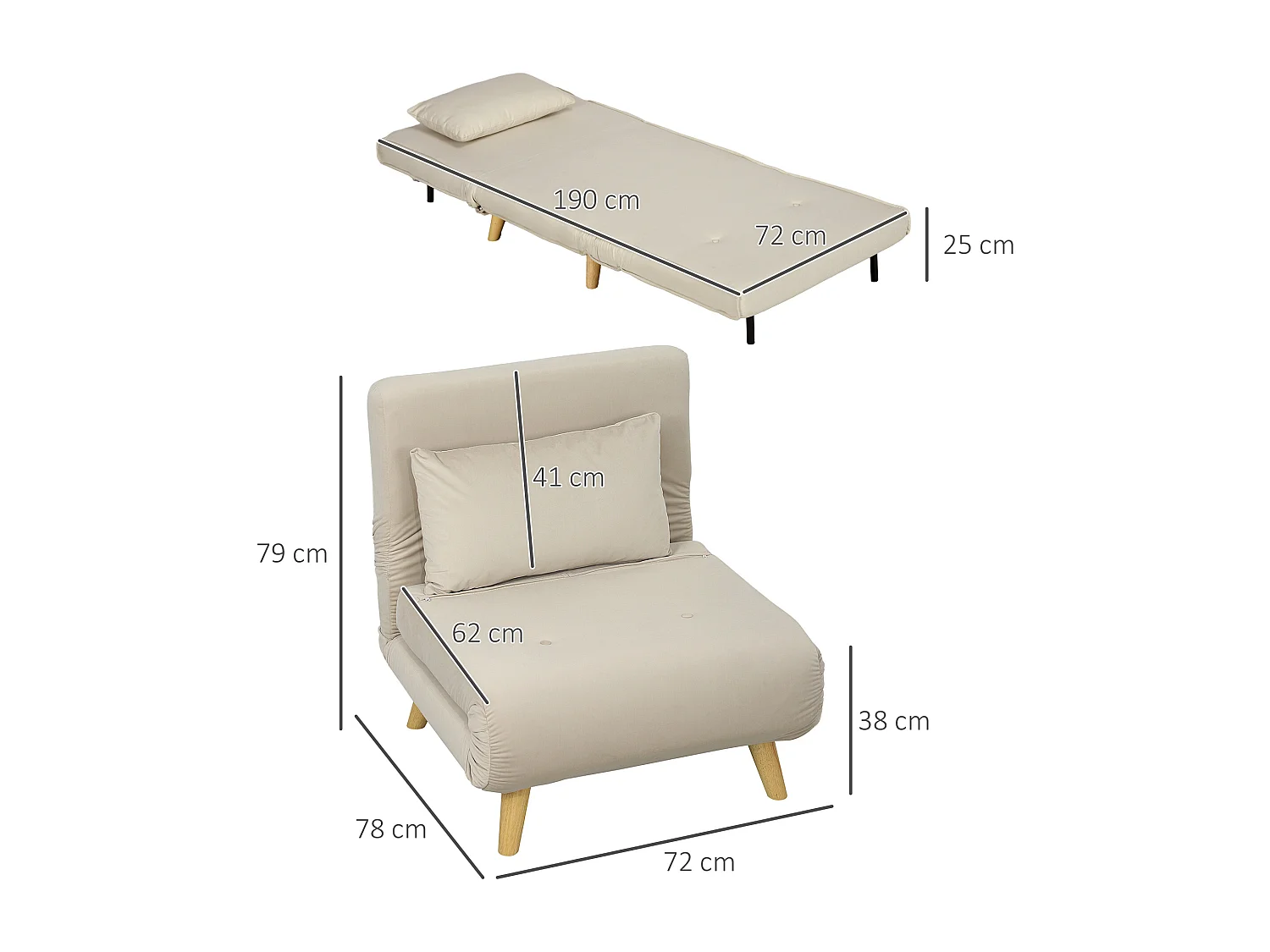 Opklapbare fluwelen fauteuil met decoratief kussen en verstelbare rugleuning – Praktische relaxstoel voor in de woonkamer, beige kleur