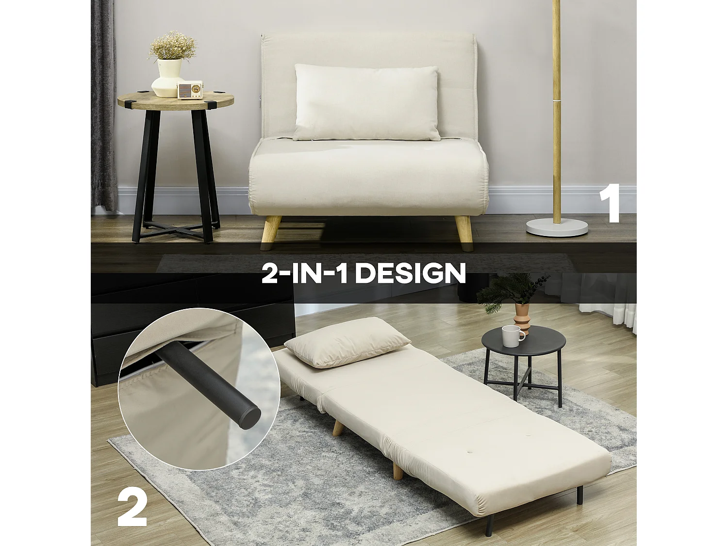 Opklapbare fluwelen fauteuil met decoratief kussen en verstelbare rugleuning – Praktische relaxstoel voor in de woonkamer, beige kleur