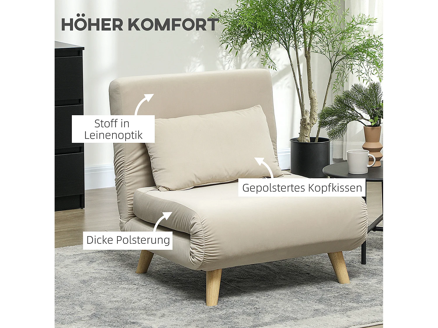 Fauteuil-lit pliable en velours avec coussin décoratif et dossier inclinable – Chaise relax pratique pour salon, couleur beige