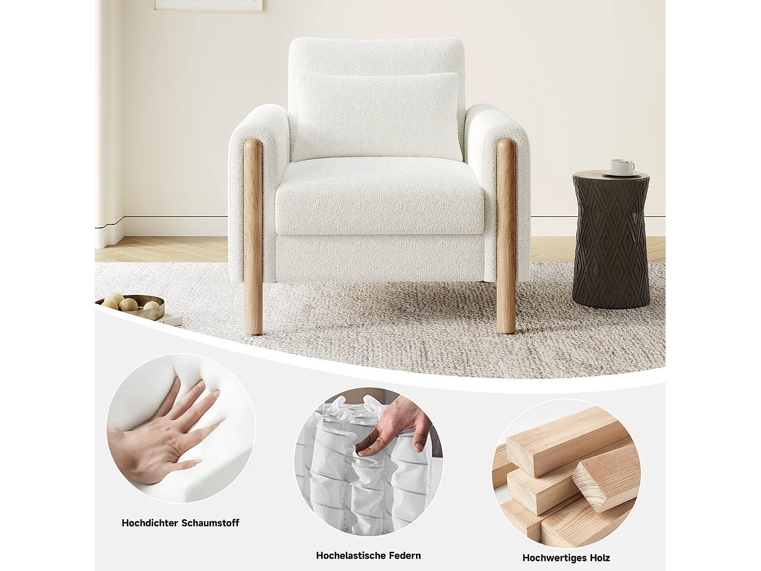 Fauteuil moderne blanc avec coussin épais, assise rembourrée confortable, idéal pour salon, bureau ou chambre