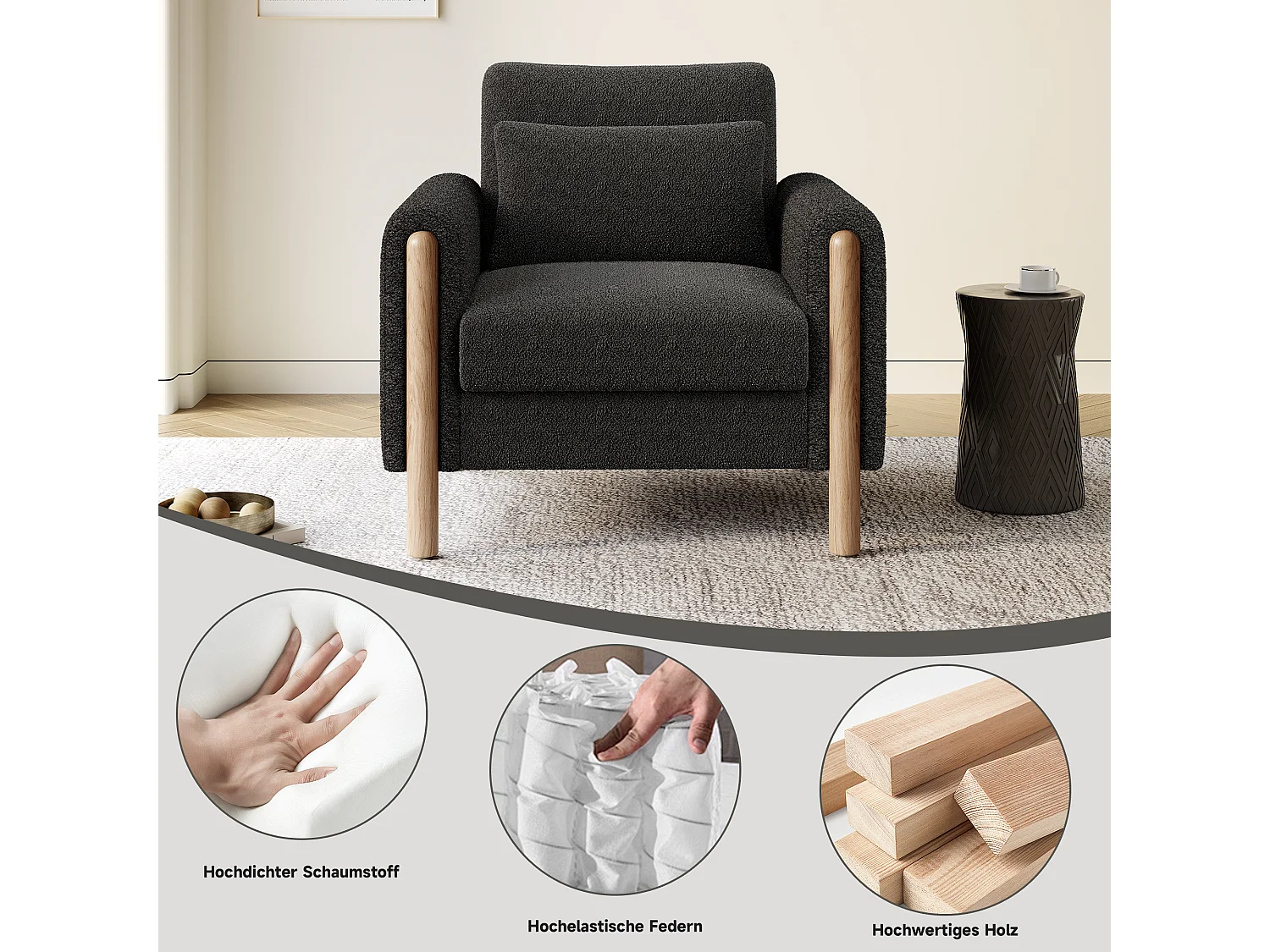 Sillón moderno con reposabrazos y asiento grueso: cómodo sillón individual para salón, oficina o dormitorio, tapizado suave, color gris.