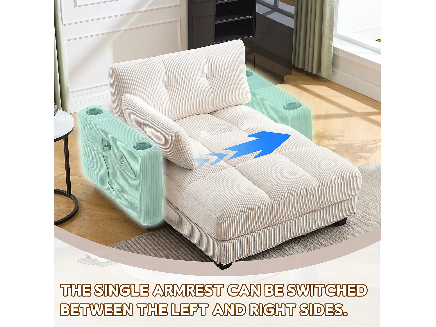 Poltrona estofada em veludo bege com braços acolchoados, apoio de cabeça, porta-copos e bolso lateral, ideal para sala e quarto