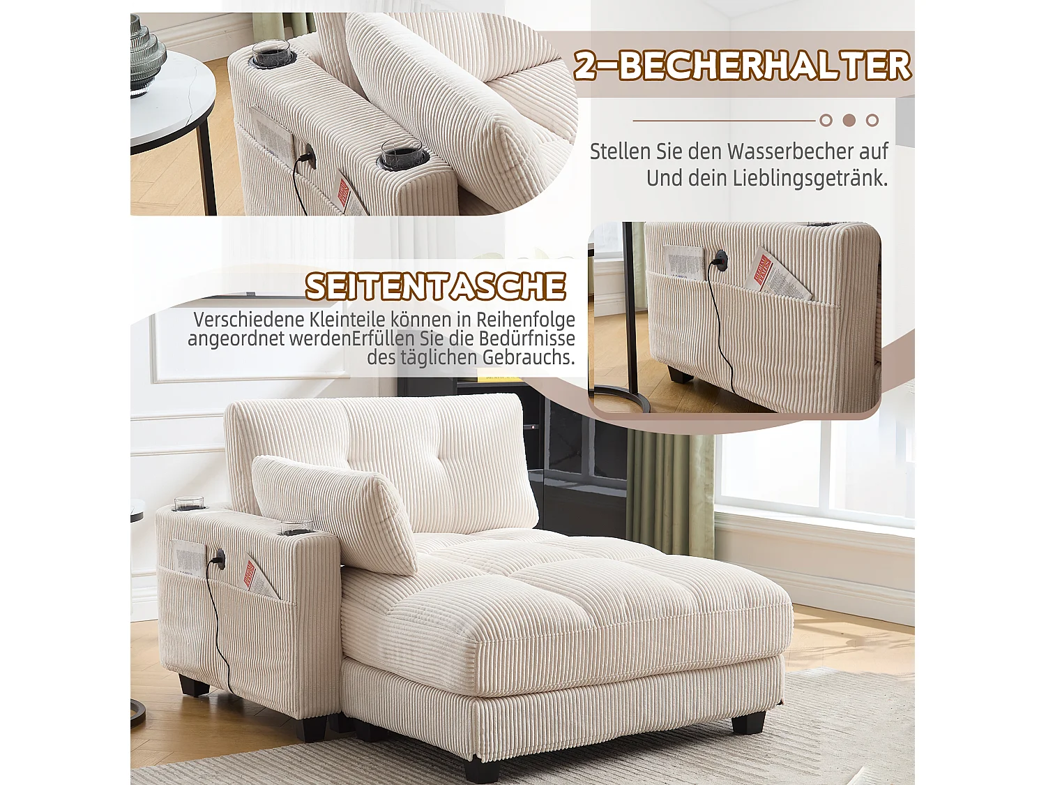 Poltrona estofada em veludo bege com braços acolchoados, apoio de cabeça, porta-copos e bolso lateral, ideal para sala e quarto