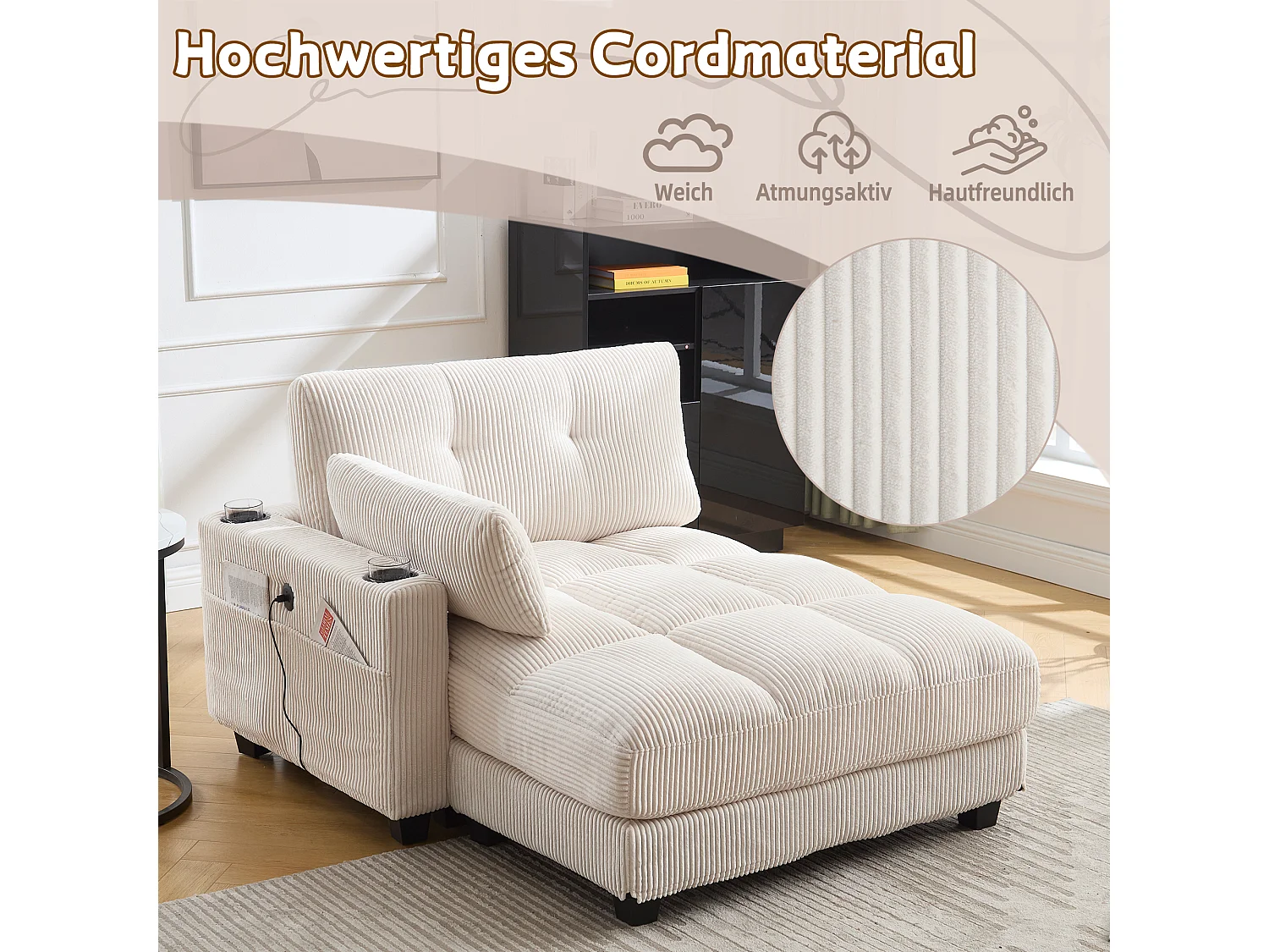 Poltrona estofada em veludo bege com braços acolchoados, apoio de cabeça, porta-copos e bolso lateral, ideal para sala e quarto