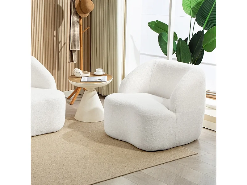 Fauteuil moderne en polaire crème, rembourré et confortable, idéal pour salon, chambre ou bureau à domicile