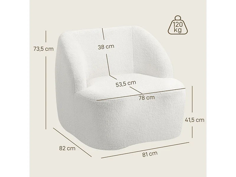 Fauteuil moderne en polaire crème, rembourré et confortable, idéal pour salon, chambre ou bureau à domicile