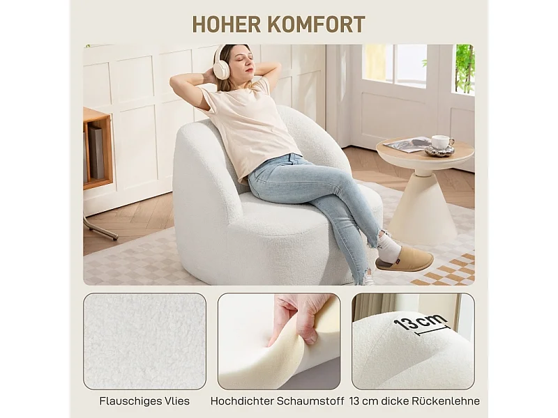 Fauteuil moderne en polaire crème, rembourré et confortable, idéal pour salon, chambre ou bureau à domicile