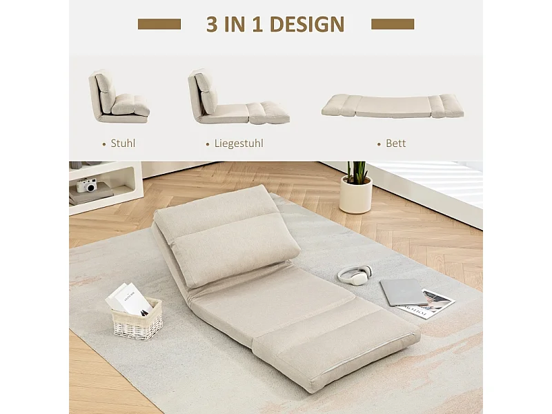 Chaise sol pliante avec dossier 6 positions, épais coussin, fonction lit, style lin beige, parfaite pour salon ou chambre