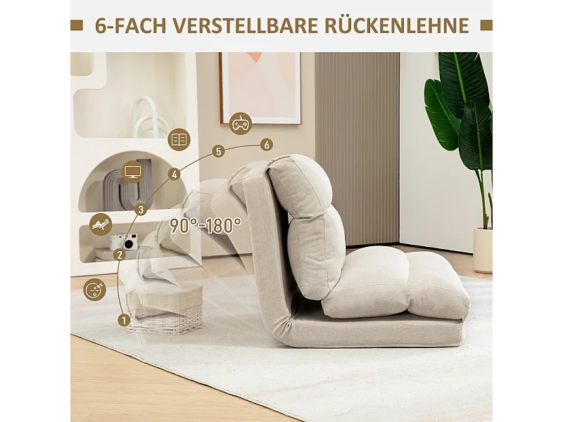 Chaise sol pliante avec dossier 6 positions, épais coussin, fonction lit, style lin beige, parfaite pour salon ou chambre