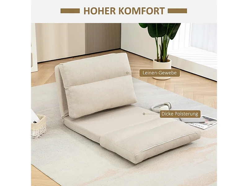 Chaise sol pliante avec dossier 6 positions, épais coussin, fonction lit, style lin beige, parfaite pour salon ou chambre