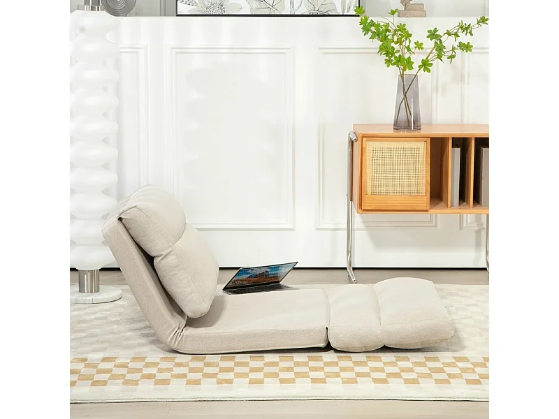 Chaise sol pliante avec dossier 6 positions, épais coussin, fonction lit, style lin beige, parfaite pour salon ou chambre