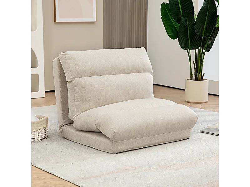 Chaise sol pliante avec dossier 6 positions, épais coussin, fonction lit, style lin beige, parfaite pour salon ou chambre