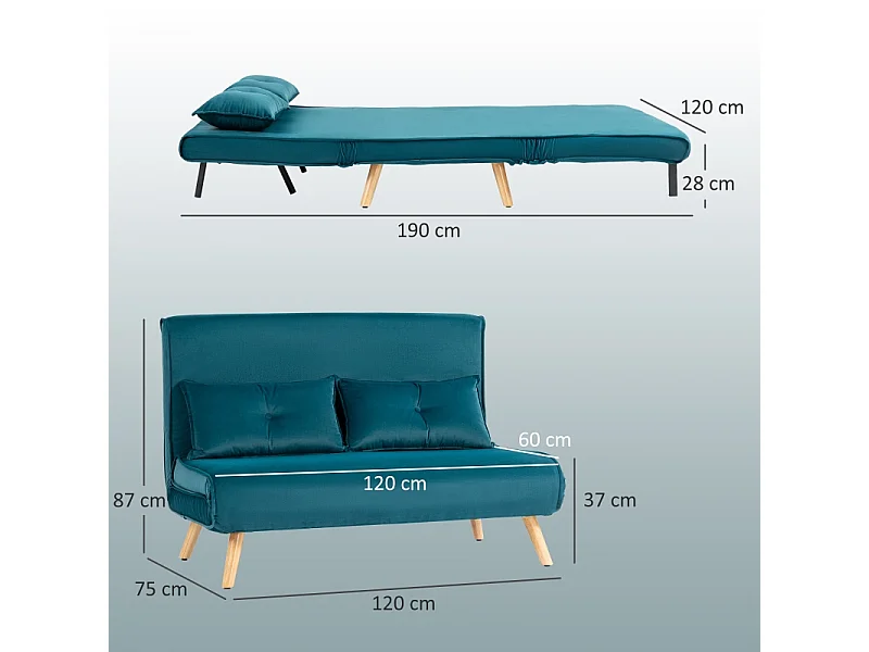 Canapé-lit 2 places en tissu vert foncé, dossier réglable, convertible en lit avec structure métallique robuste