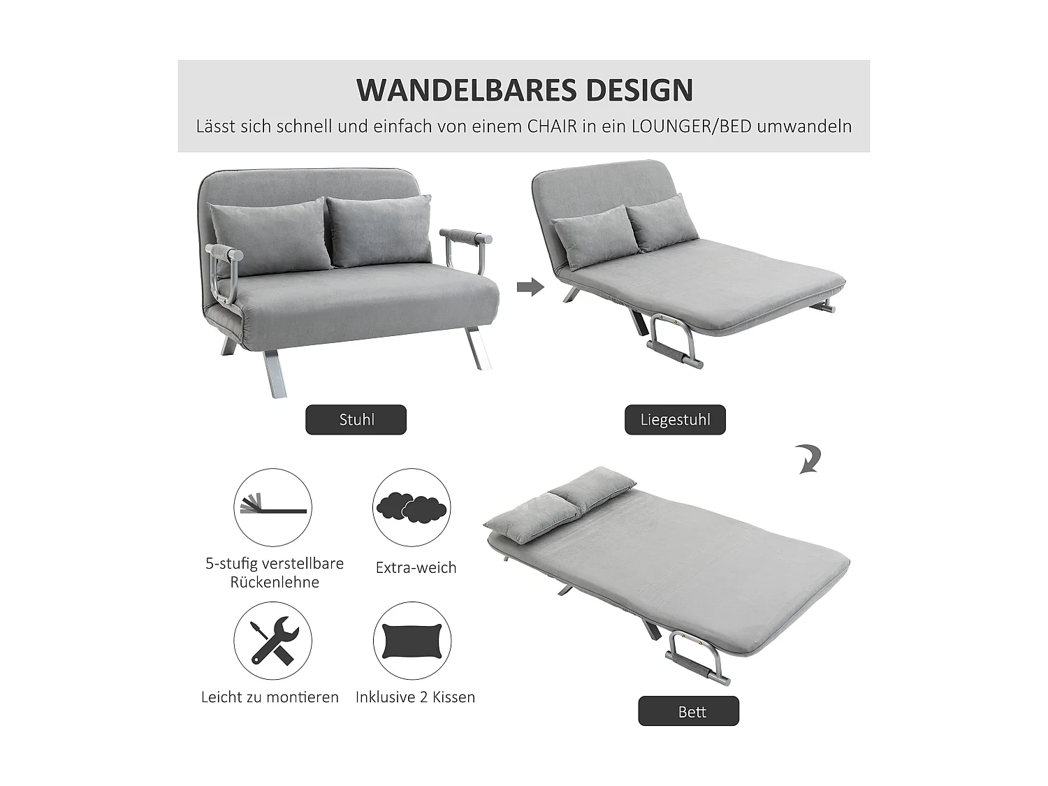 Canapé-lit 2 places gris clair avec coussins, dossier réglable, convertible en lit, capacité jusqu’à 150 kg