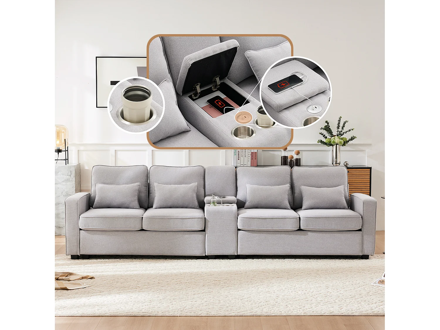 Canapé 4 places en lin avec console, 2 porte-gobelets, 2 ports USB et 4 coussins, design simple pour salon, appartement ou bureau