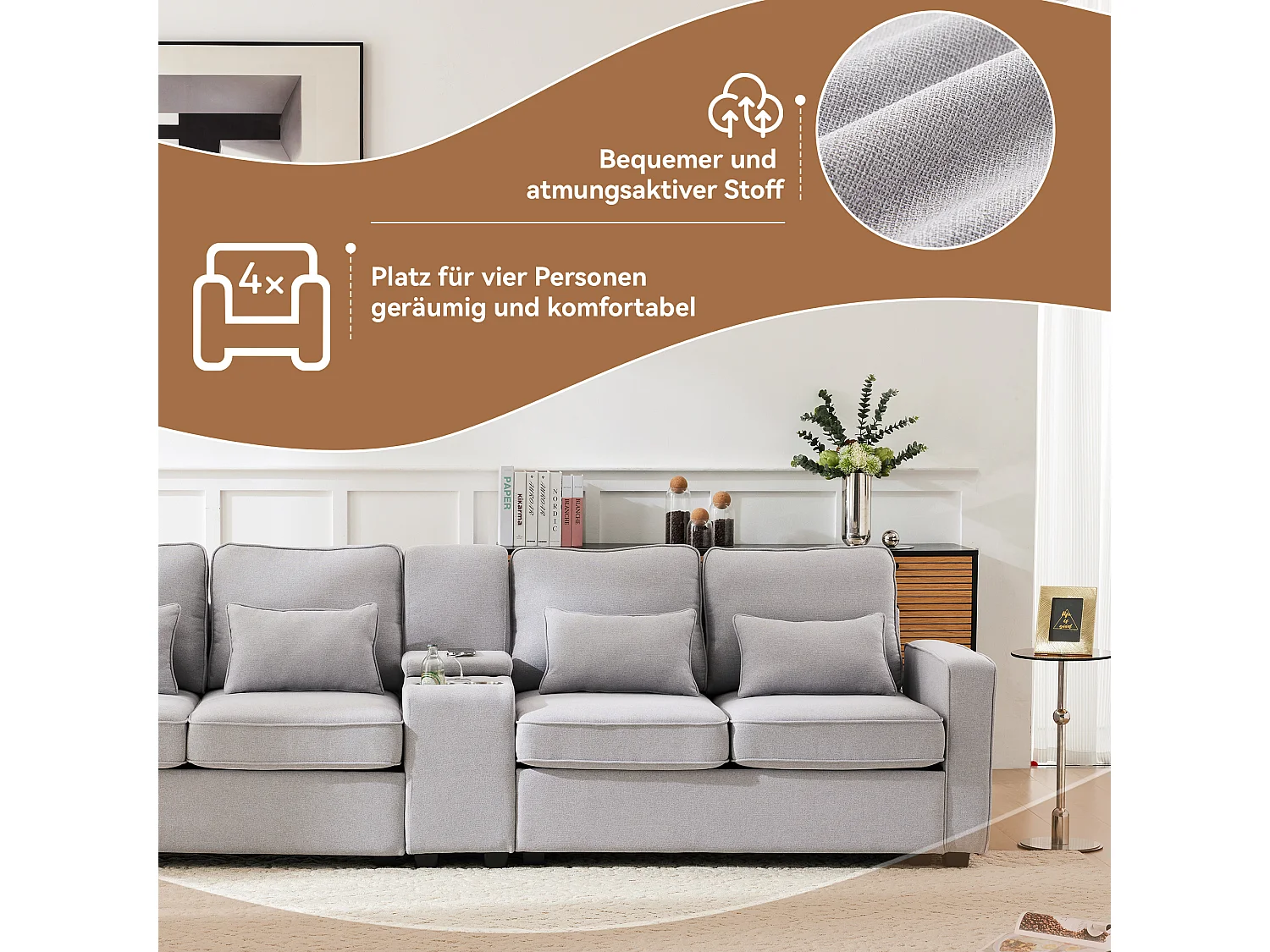 Canapé 4 places en lin avec console, 2 porte-gobelets, 2 ports USB et 4 coussins, design simple pour salon, appartement ou bureau